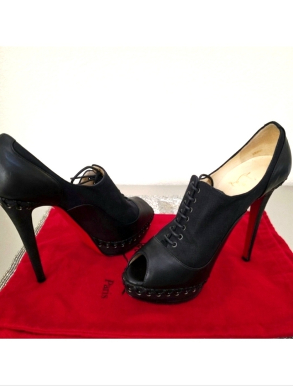 Christian Louboutin Black Leather lace up Peep-toe Ankle Booties EU 38.5 / US 8 - Picture 2 of 10
